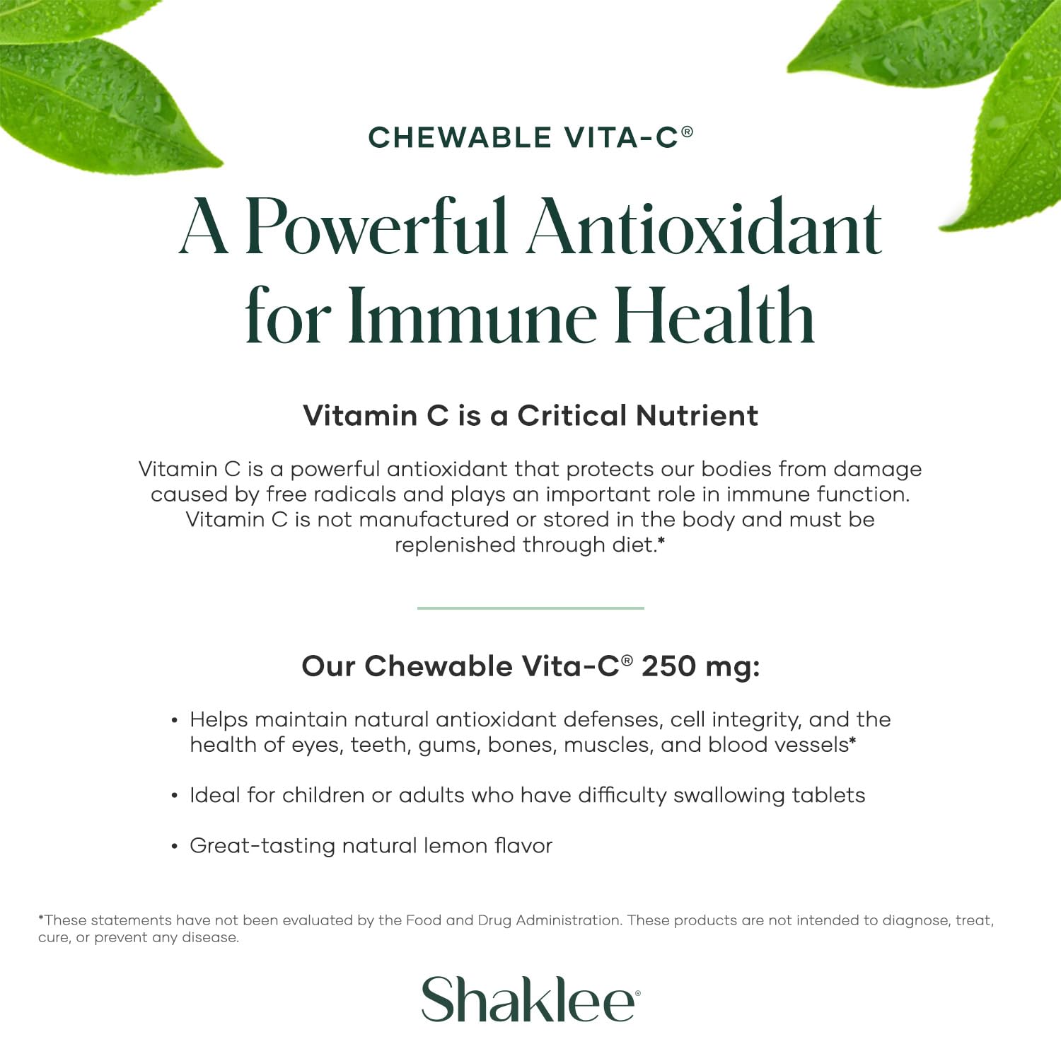 Shaklee - Chewable Vita-C 250mg - Cellular Support and Immune Boost - Lemon Flavored Vitamin C Chewable Tablets for Easy Consumption - Ideal for Children and Adults - 60 Tablets