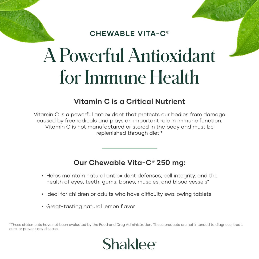 Shaklee - Chewable Vita-C 250mg - Cellular Support and Immune Boost - Lemon Flavored Vitamin C Chewable Tablets for Easy Consumption - Ideal for Children and Adults - 60 Tablets