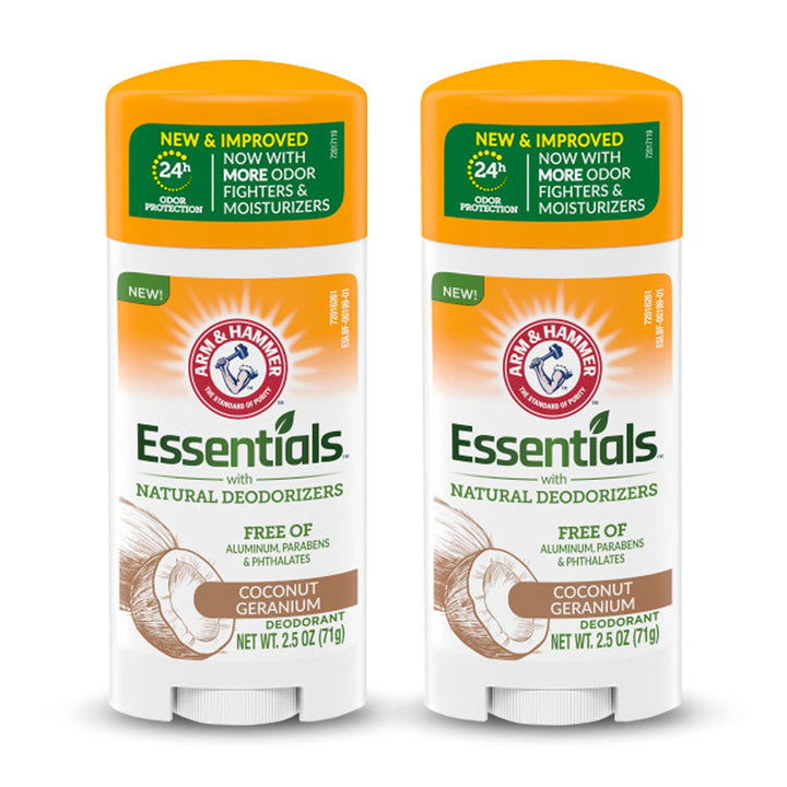 ARM & HAMMER Essentials Deodorant - Made with Natural Deodorizers - Coconut Geranium - Free From Aluminum, Parabens & Phthalates, 2.5 oz (Pack of 2)