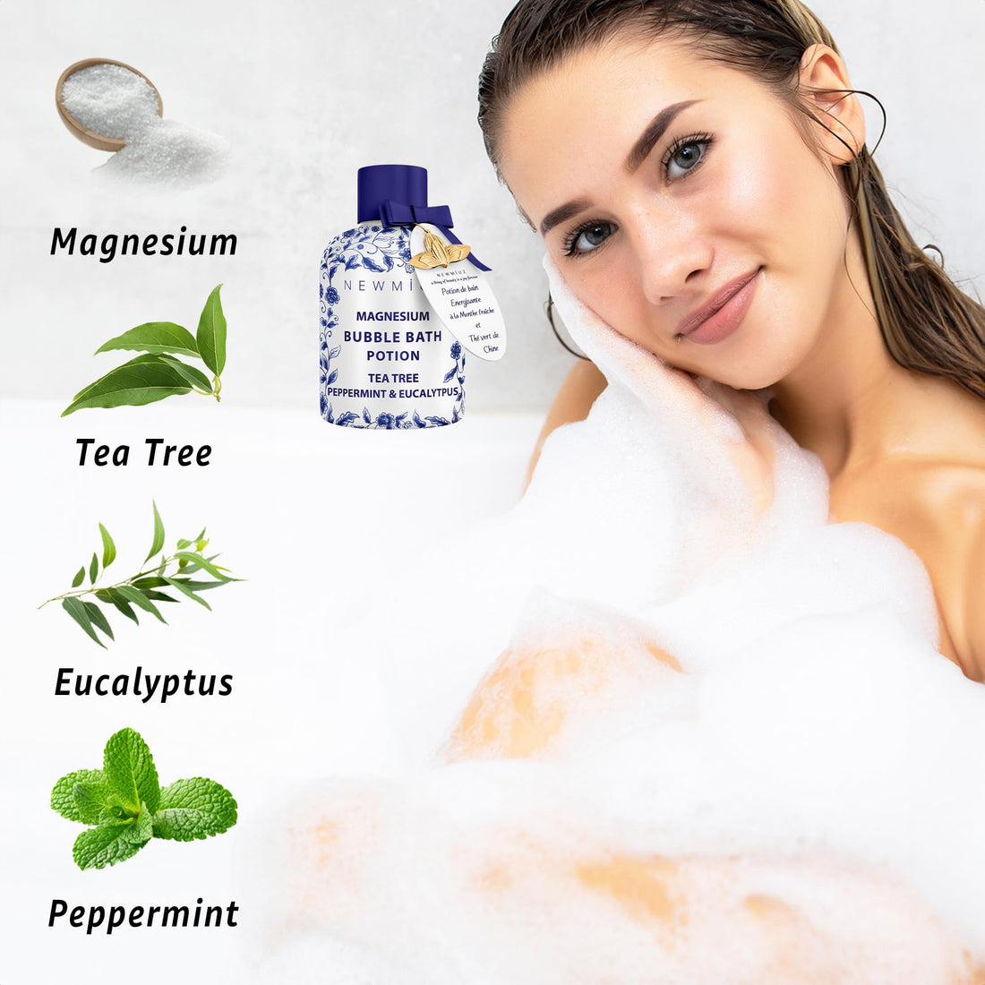 Magnesium Bubble Bath Long Lasting Foam for Sore Muscles Recovery Tea Tree Peppermint Eucalyptus Relaxing Stress Relief Calming Self Care Spa Gift