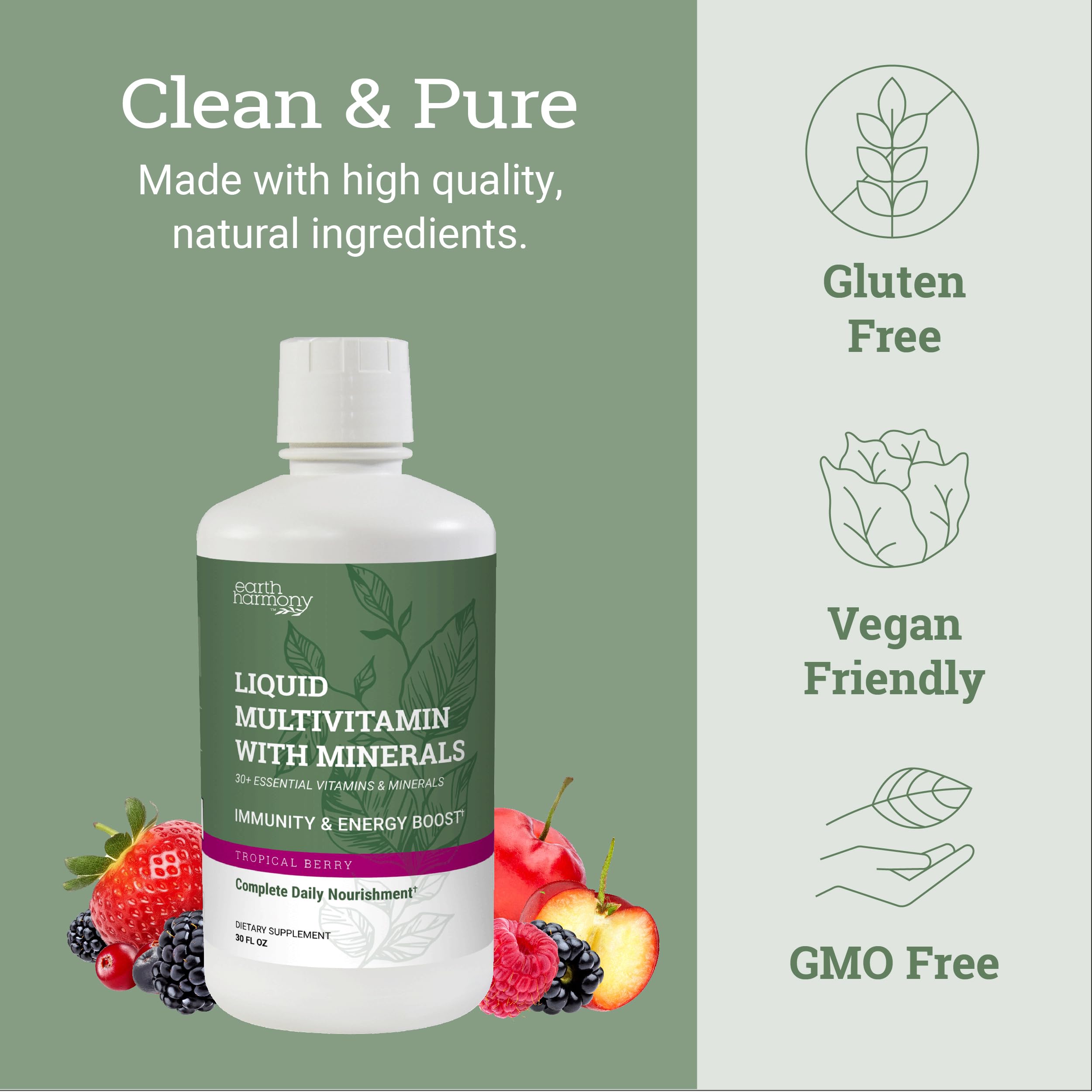Earth Harmony Liquid Multivitamins for Women & Men (Tropical Berry Flavor) - 30+ Liquid Vitamins, Minerals & Organic Antioxidant Blend - Morning Multivitamin for Immune Support and Energy - 32 Fl Oz