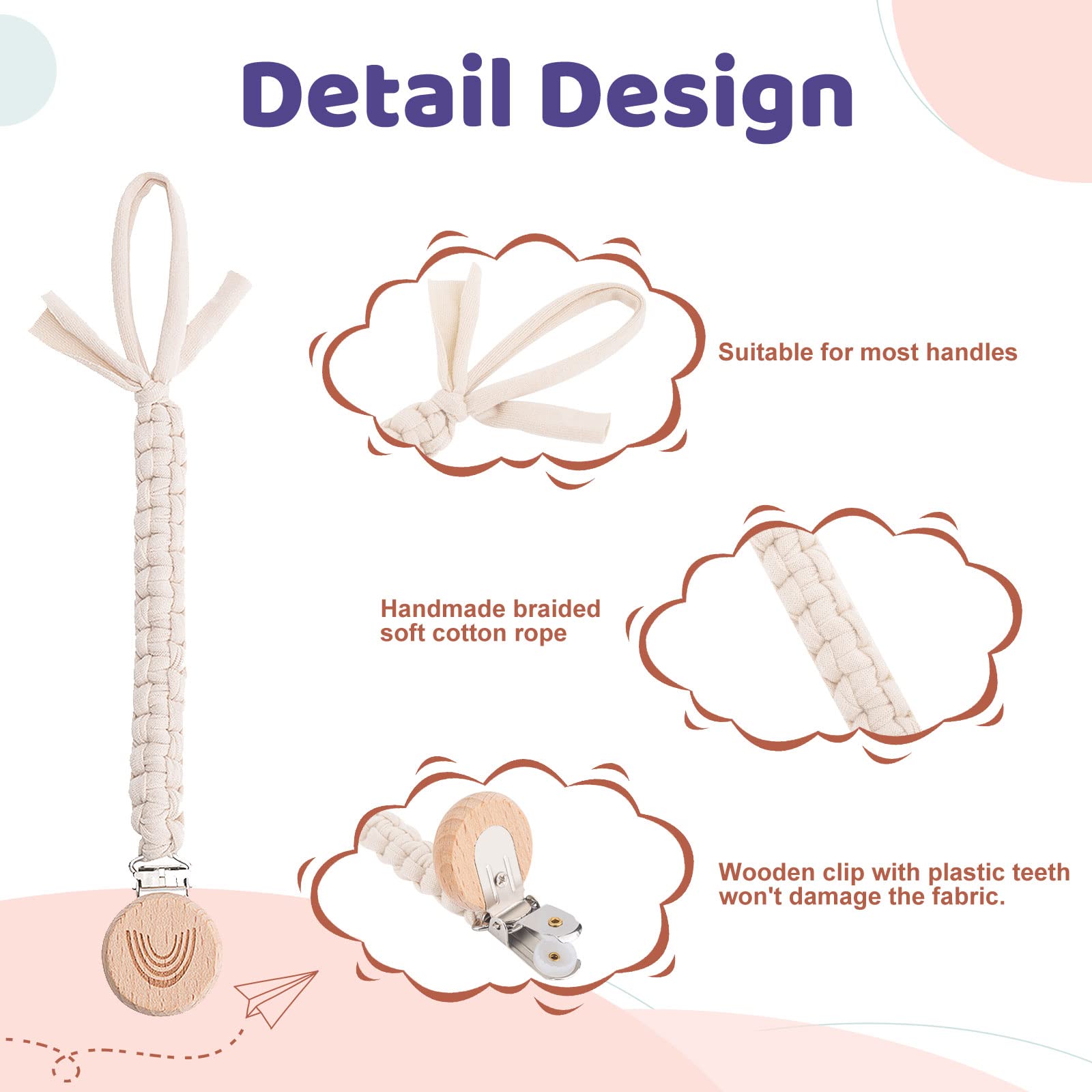 Symbolife Pacifier Clip for Boys Girls Pacifier Holder Leash Boho Rainbow Wooden Clips Handmade Braided Cotton Unisex Baby Shower Birthday Gift Christmas Gift