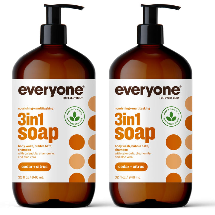 Everyone 3-in-1 Soap, Body Wash, Bubble Bath, Shampoo, 32 Ounce (Pack of 2), Cedar and Citrus, Coconut Cleanser with Organic Plant Extracts and Pure Essential Oils