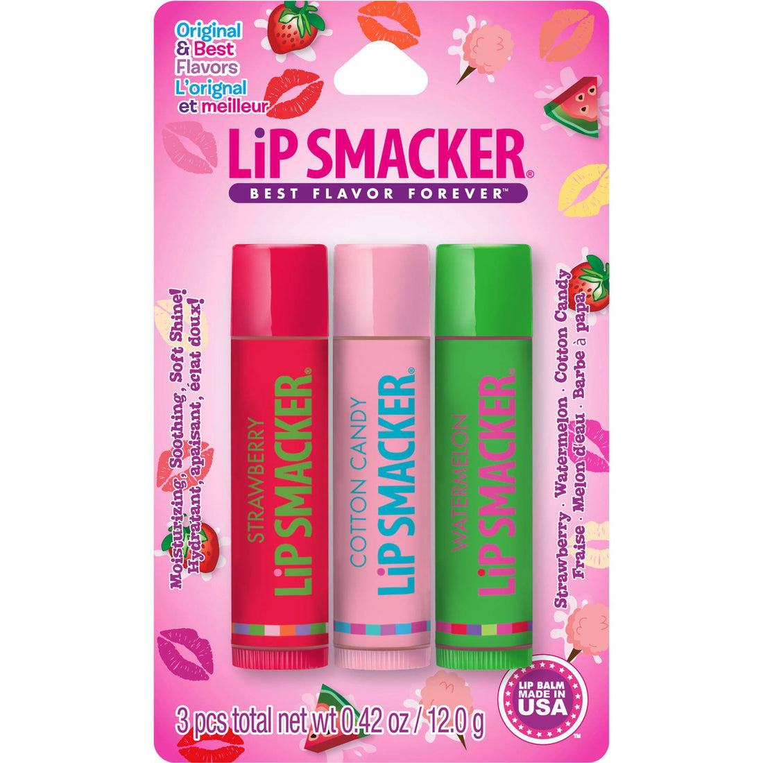 Lip Smacker Lip Balm Trio Original and Best Strawberry Watermelon Dr Pepper, Total Net Weight 0.42 Ounce