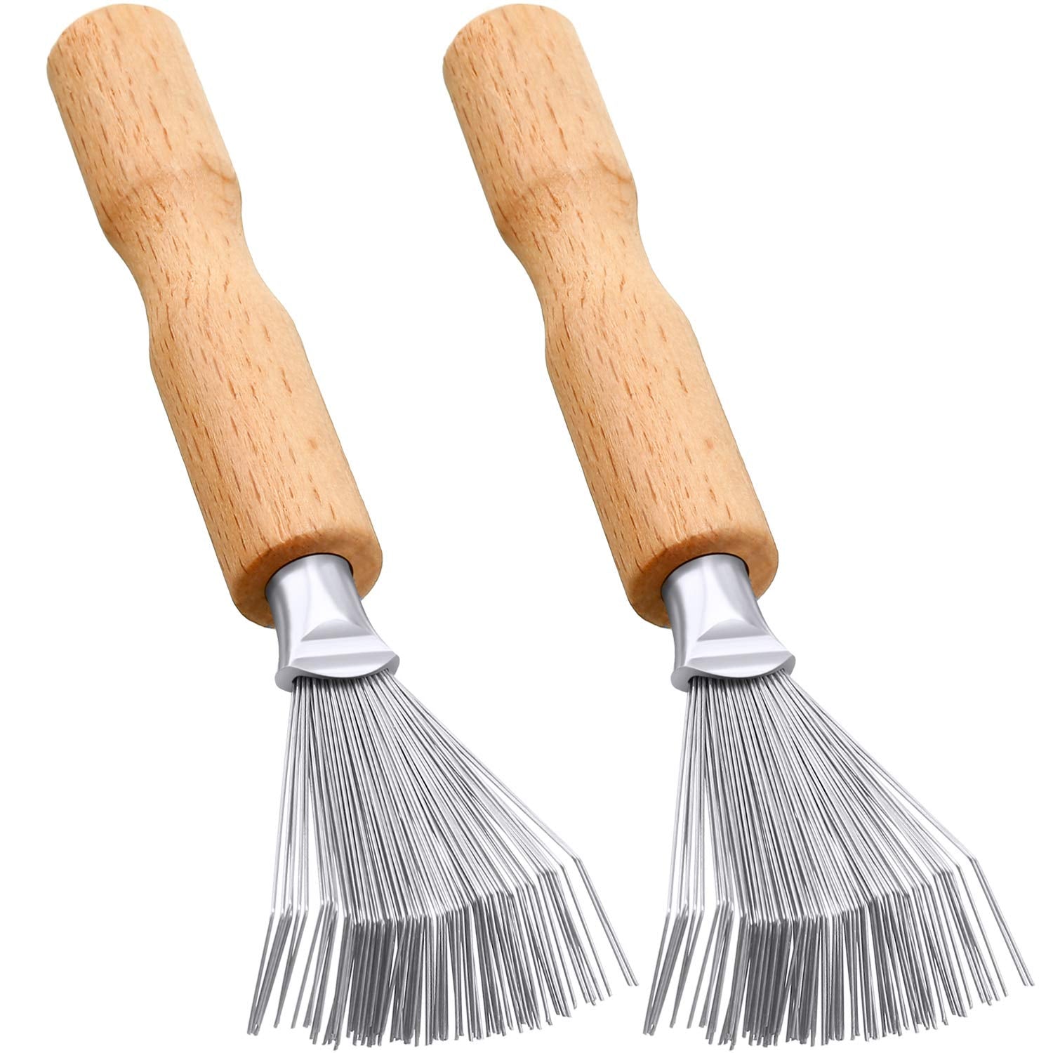 2 Packs Hair Brush Cleaner Cleaning Tool Comb Cleaner Hair Brush Cleaner Comb Brushes Mini Hair Dirt Remover Brush with Metal Wire Rake Wooden Handle for Home and Salon Use(Handle with Groove)