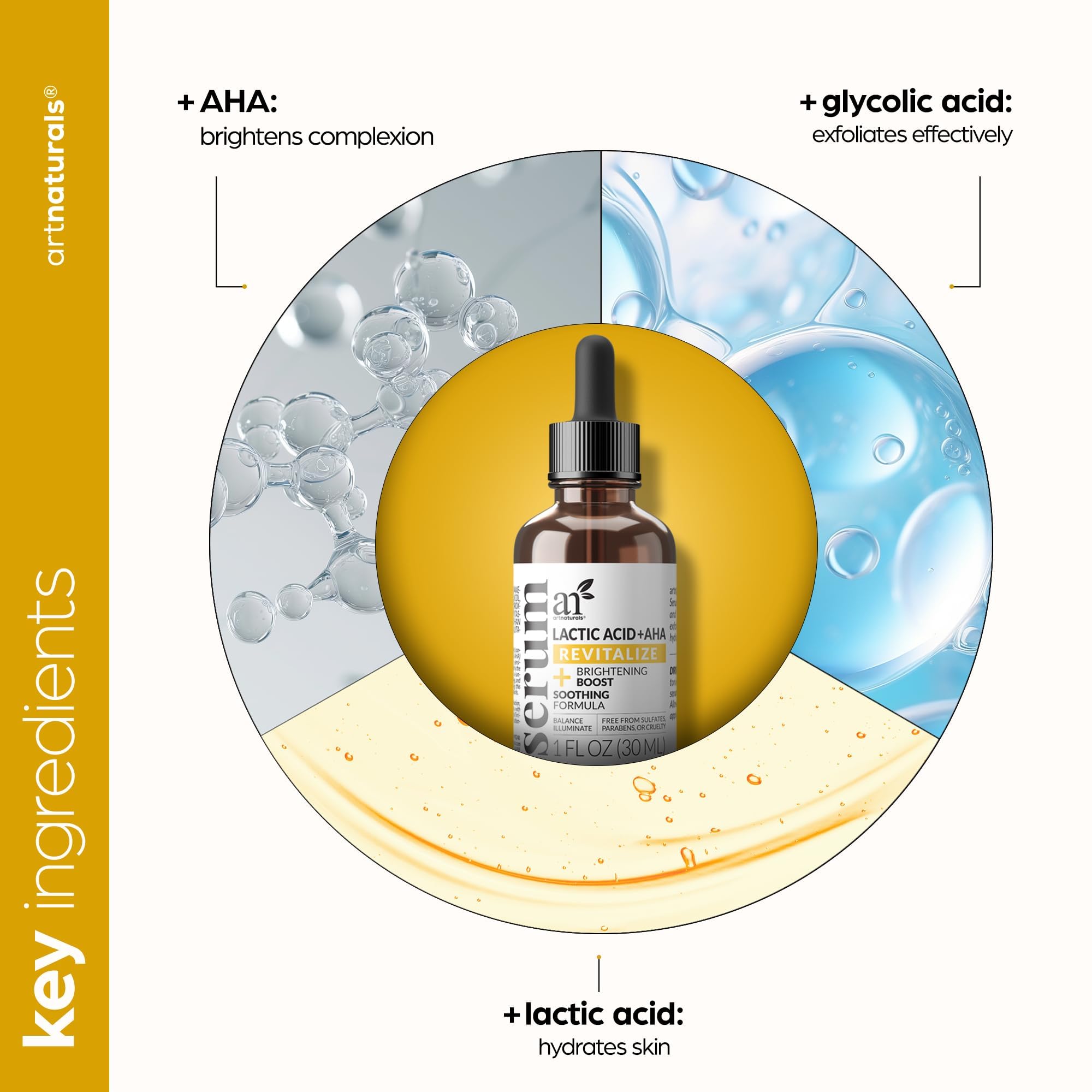 artnaturals Lactic Acid plus AHA Face Serum for Brightening Boost with Renewing Formula - Scars, Acne, Wrinkles - Exfoliates and Moisturizes the Skin - 1 oz.