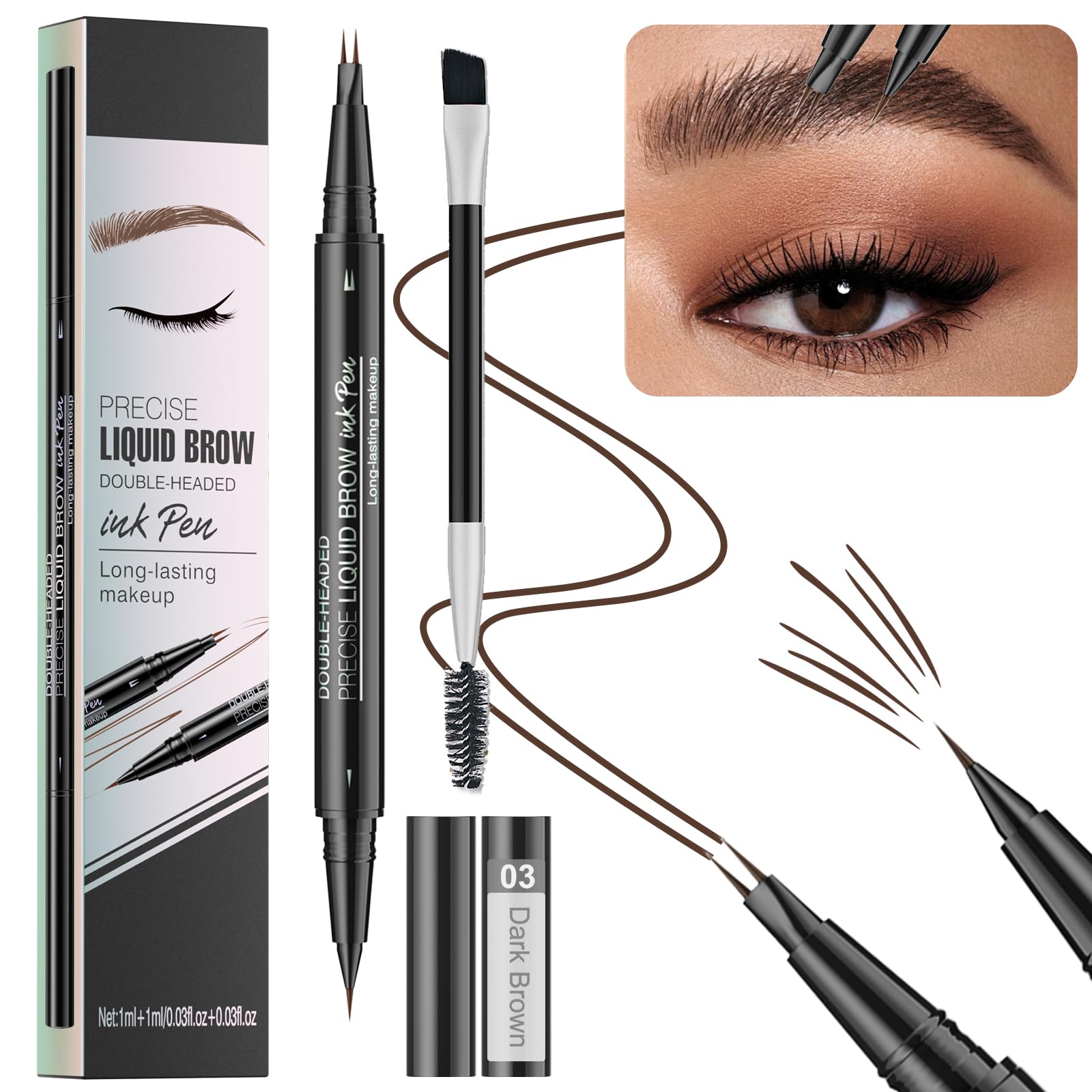Microblading Eyebrow Pencil - Amazing 2-in-1 Dual-Ended Eyebrow Pen with 2-Fork-Tip and Precise Brush-Tip - Waterproof Eyebrow Pen for Natural Hair-Like Brows That Lasts All Day, Dark Brown