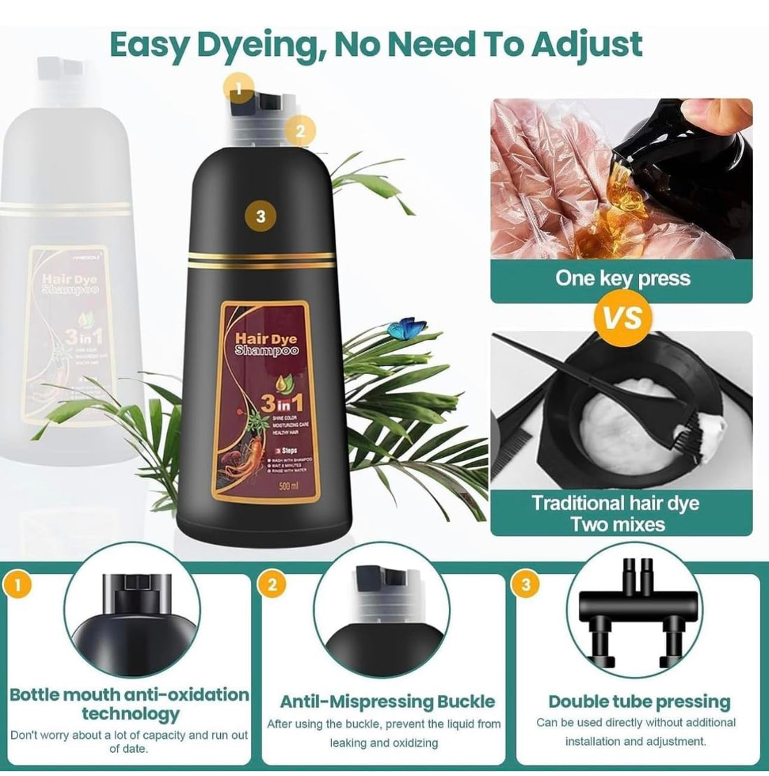 DiMilano Black, Dark Brown & Chestrnut Brown Hair Dye Shampoo for Gray Hair, Herbal Ingredients Shampoo 3 in 1 Unisex, Grey Coverage Shampoo 500Ml or 17.6 fl. Oz. (Black)