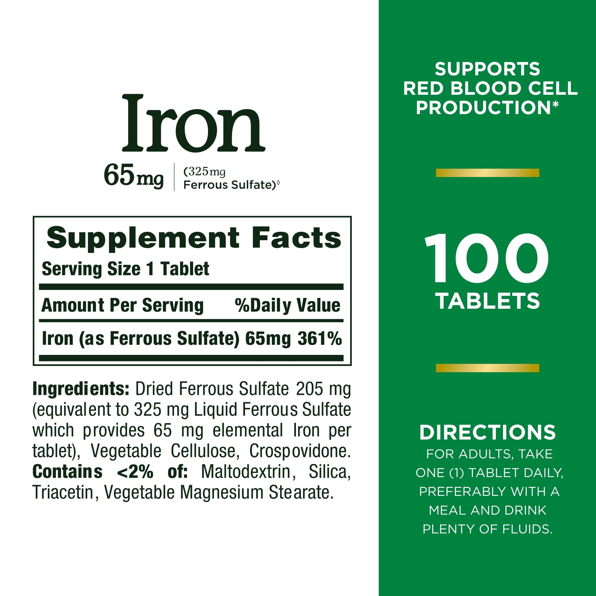 Nature's Bounty Iron 65mg, 325 mg Ferrous Sulfate, Cellular Energy Support, Promotes Normal Red Blood Cell Production, 100 Tablets