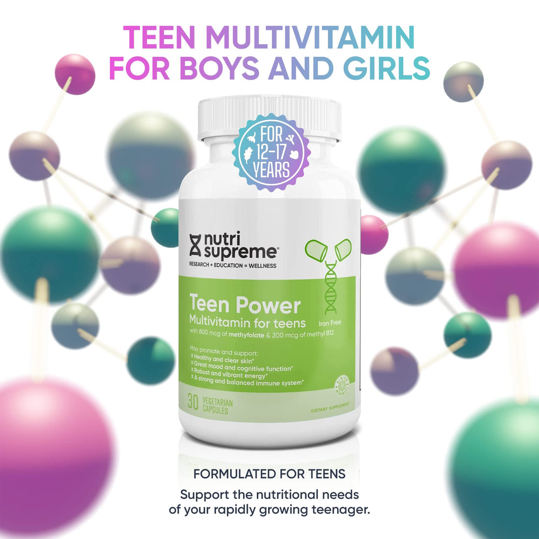 Nutri Supreme Teen Multivitamin for Boys and Girls 12-17, Best Kosher One Per Day Teen Vitamins, Formulated for Teen Development and Immune Health, 30 Capsules