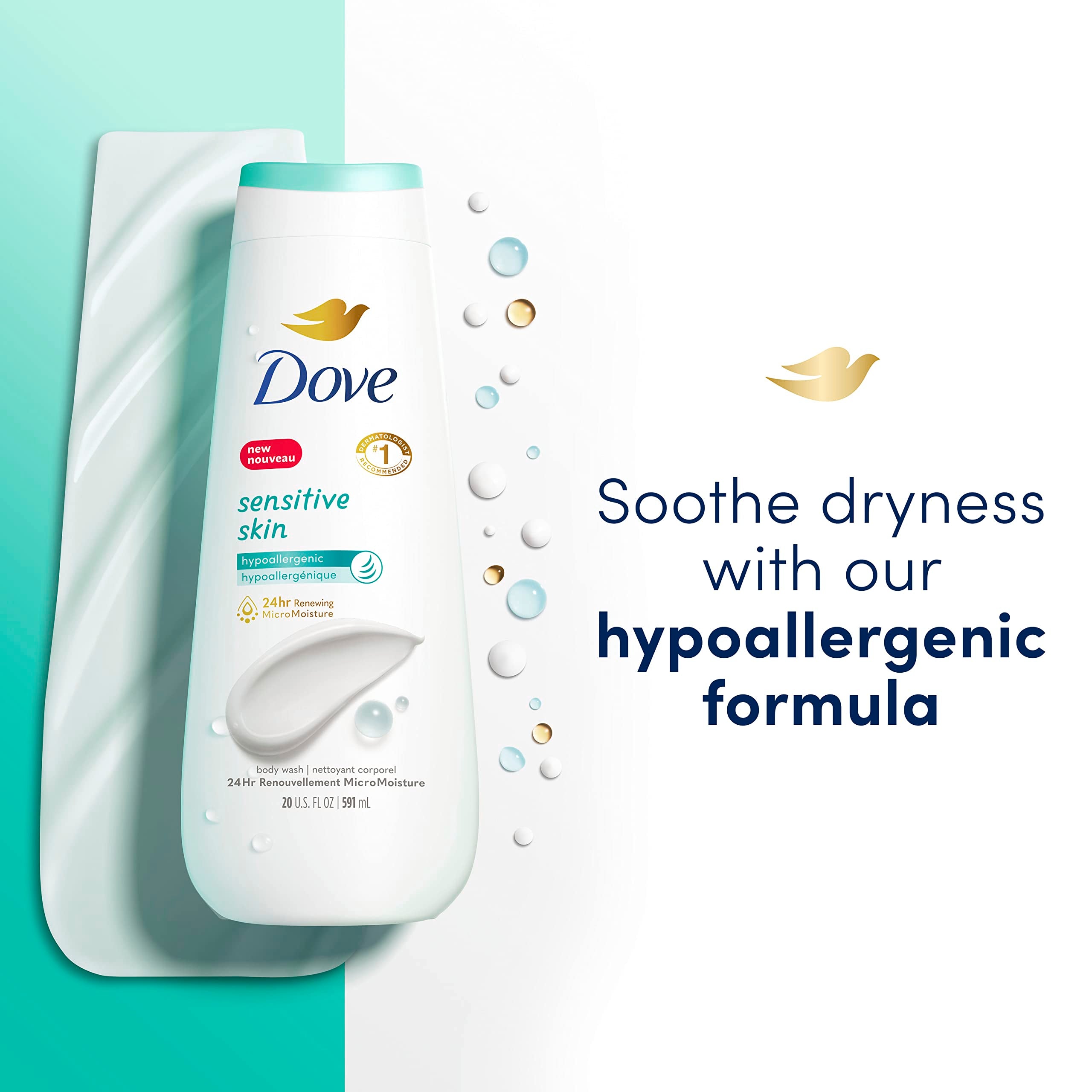 Dove Sensitive Skin Body Wash Hypoallergenic Gently Cleanses & Nourishes Skin Sensitive Skin Moisturizing and Sulfate Free 22 oz, 2 Count