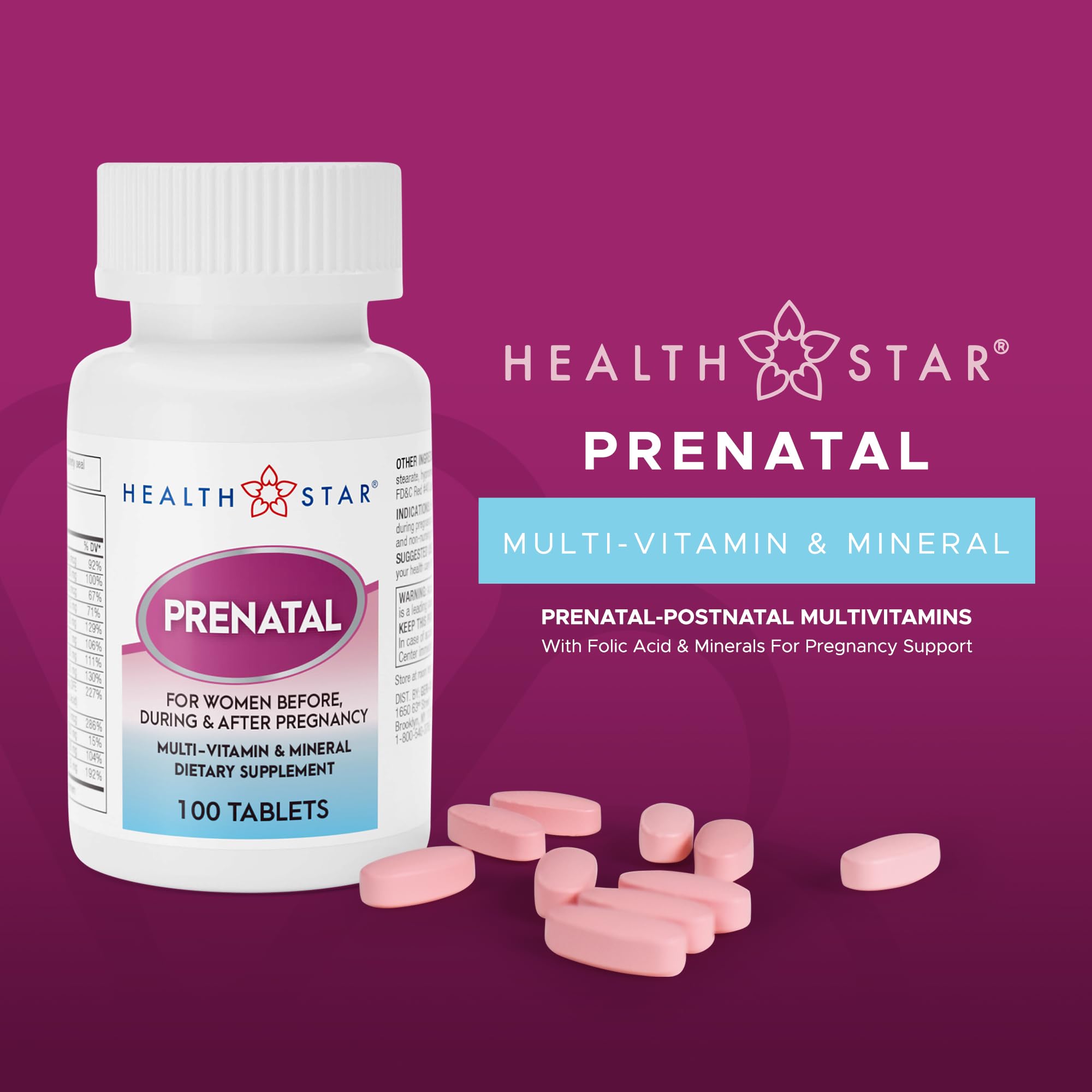 Health Star Prenatal Vitamins for Women Before, During & After Pregnancy Prenatal-Postnatal Multivitamins with Folic Acid & Minerals for Pregnancy Support| Daily Pregnancy Supplement, 100 Tablets