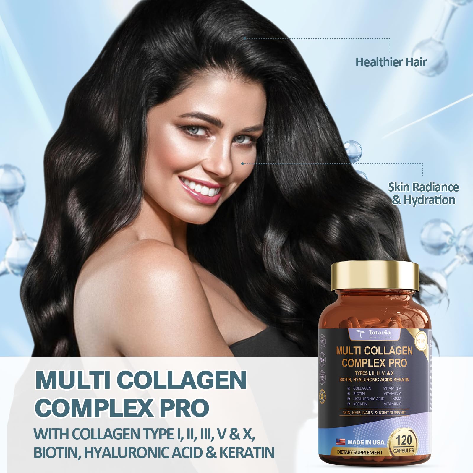 18-in-1 Collagen Pro with Hyaluronic Aicd, Keratin, Biotin, VIT A C & E for Skin, Hair, Nails, Joint & Beauty - Multi Collagen Peptides Capsules with Type I II III V & X for Women & Men - 120 Caps
