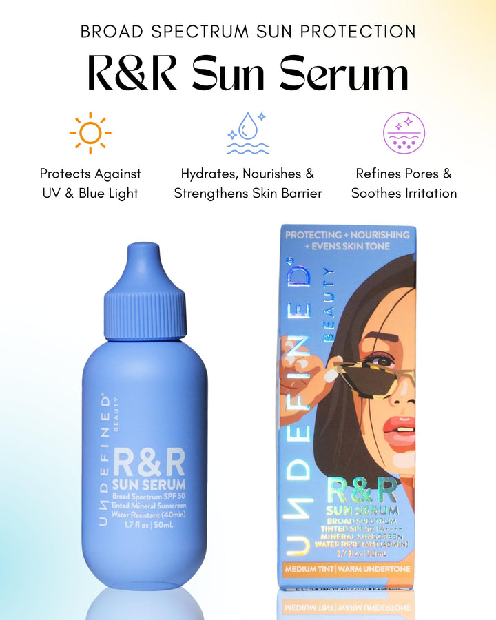Undefined Beauty R&R Sun Serum SPF 50 Tinted Mineral Sunscreen PA++++ 3 Flex shades, infused with Niacinamide, 40 min Water Resistant, bluelight protection, 1.7oz… (Medium Tint/Warm Undertone)