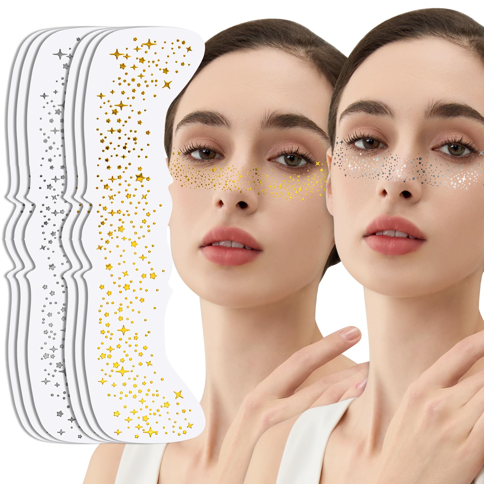 Teenitor Face Glitter Freckles Face Tattoo, 6 Pcs Gold and Silver Glitter Freckles, Sweatproof Waterproof Sparkle Freckles
