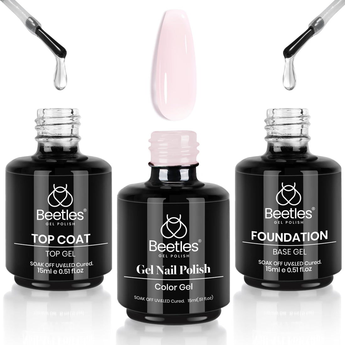 beetles Gel Polish 3 Pcs 15ml No Wipe Gel Top and Base Coat Bubble Bath Gel Polish Soak Off Uv Lamp-Long Lasting Glossy Top Base Gel Milky Pink Gel Nail Polish Jelly Gel Polish Set for Women