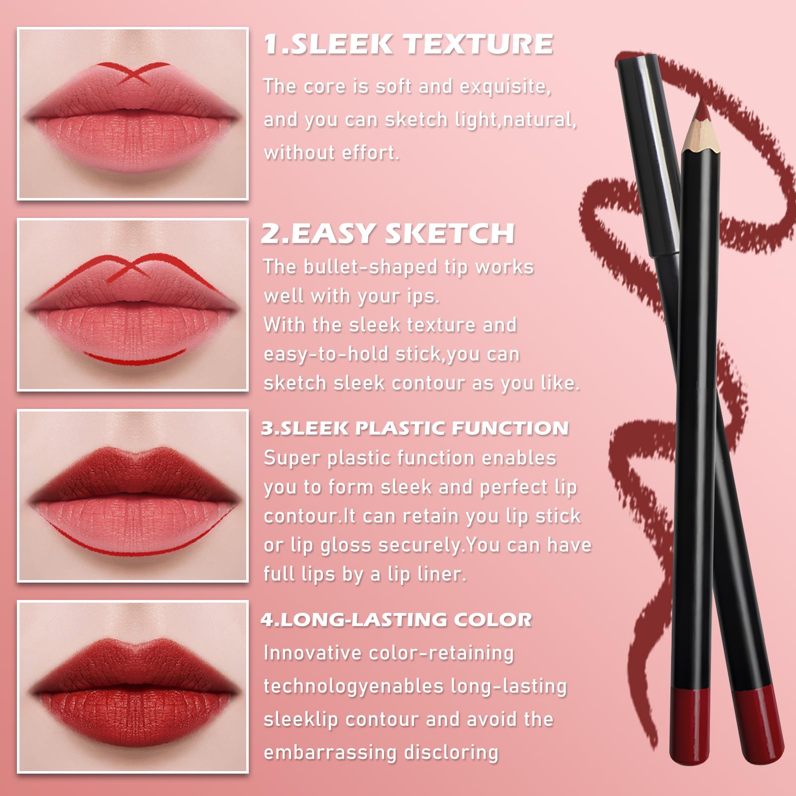 EternalClassic Wine Lip Liner, Long Lasting Lip Liner Pencil, Rich Lip Makeup Colors Highly Pigmented Lip Liners, Smooth Application Lipliner Lip Pencil