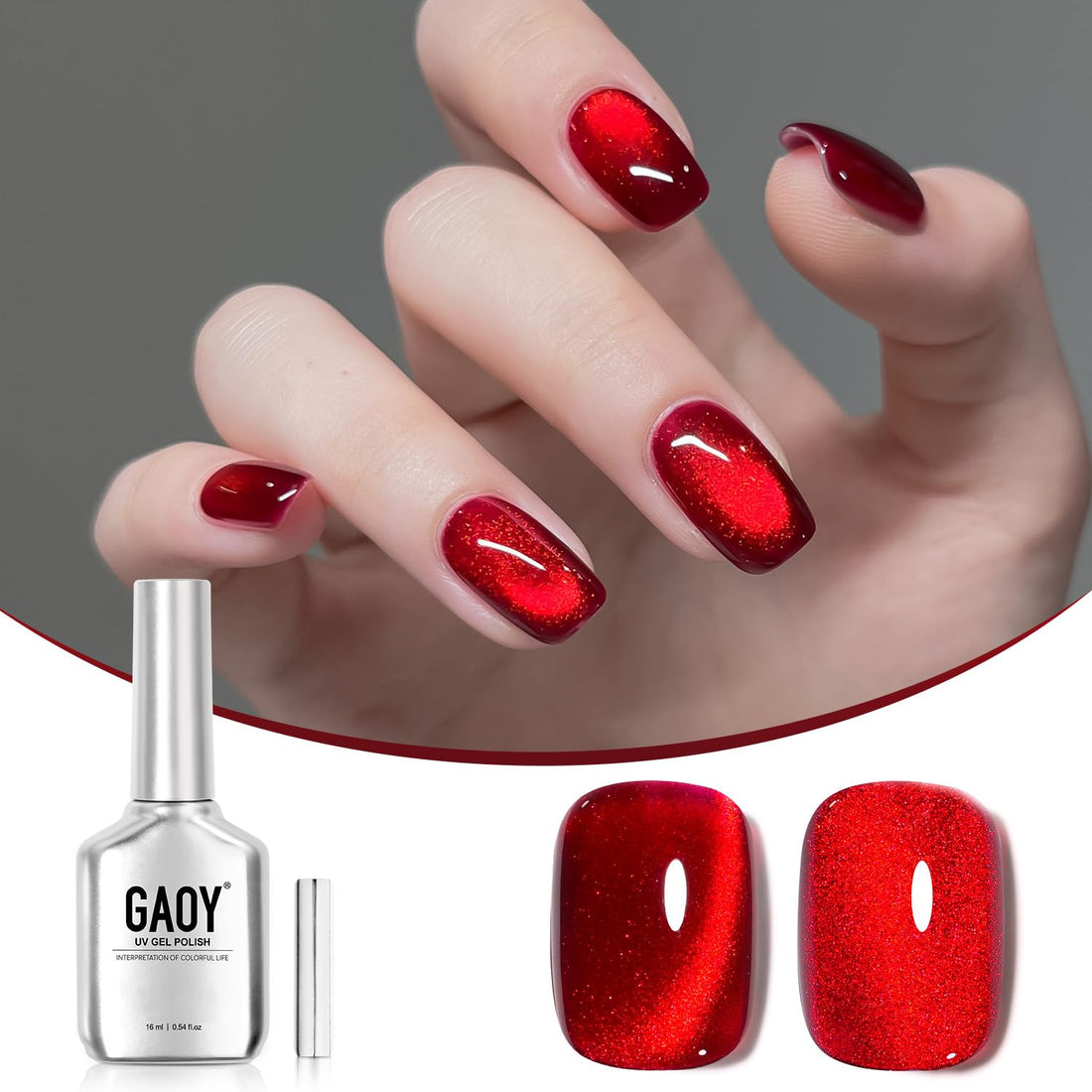 GAOY Red Cat Eye Gel Nail Polish, 16ml Glitter Holographic Nail Polish with Magnet, Reflective Translucent UV Gel, 2907 Ruby Twilight