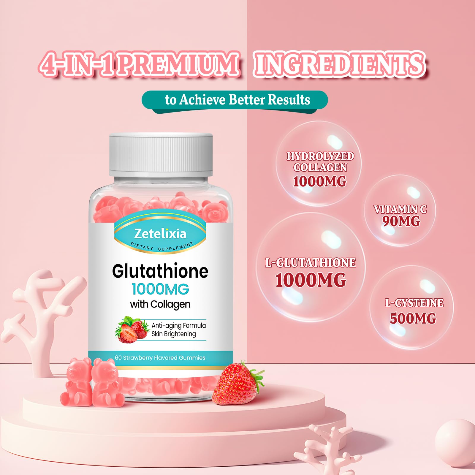 Zetelixia 2 Pack Glutathione Collagen Gummies, Collagen Gummies with Vitamin C, Glutathione Supplement for Women, Hair Skin Nails Muscle & Joint, Anti-Aging, Vegan, Strawberry Flavor, 120 Count