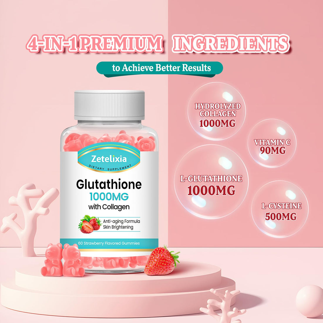 Zetelixia 2 Pack Glutathione Collagen Gummies, Collagen Gummies with Vitamin C, Glutathione Supplement for Women, Hair Skin Nails Muscle & Joint, Anti-Aging, Vegan, Strawberry Flavor, 120 Count