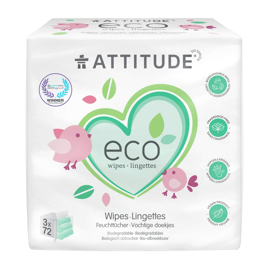 ATTITUDE Baby Wipes Refills, 100% Biodegrable Safe Natural Hypoallergenic for Sensitive Skin, EWG Verified PTPA, 3 X 72 Wipes Dispenser