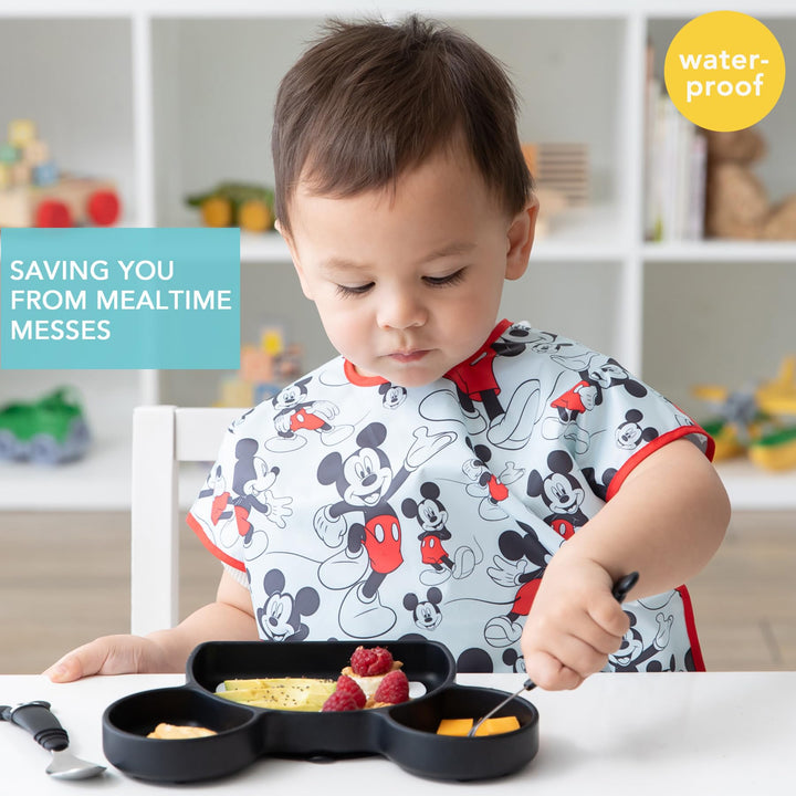 Bumkins Disney Short Sleeve Bib for Girl or Boy, Toddler and Kids for 1-3 Years, Large Size, Essential Must Have for Junior Children, Eating, Mess Saving Soft Fabric Apron for Play, Mickey Mouse
