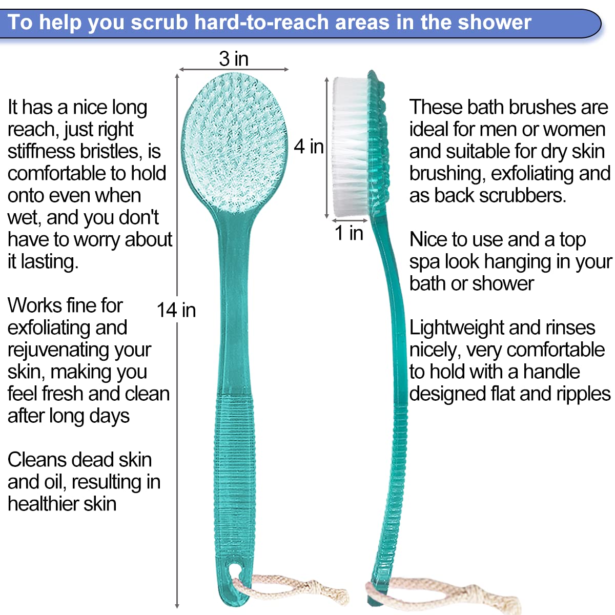 AMERWASH PLUS Bath Body Brush for Shower, 14 inches Long Handle, 2 Packs Bath Scrubber Skin Exfoliation Bath Shower Body Brushing Blue