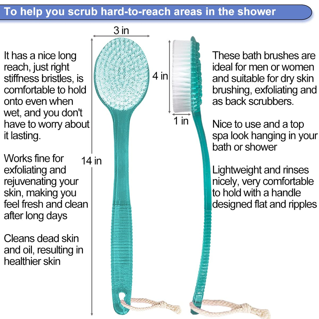 AMERWASH PLUS Bath Body Brush for Shower, 14 inches Long Handle, 2 Packs Bath Scrubber Skin Exfoliation Bath Shower Body Brushing Blue