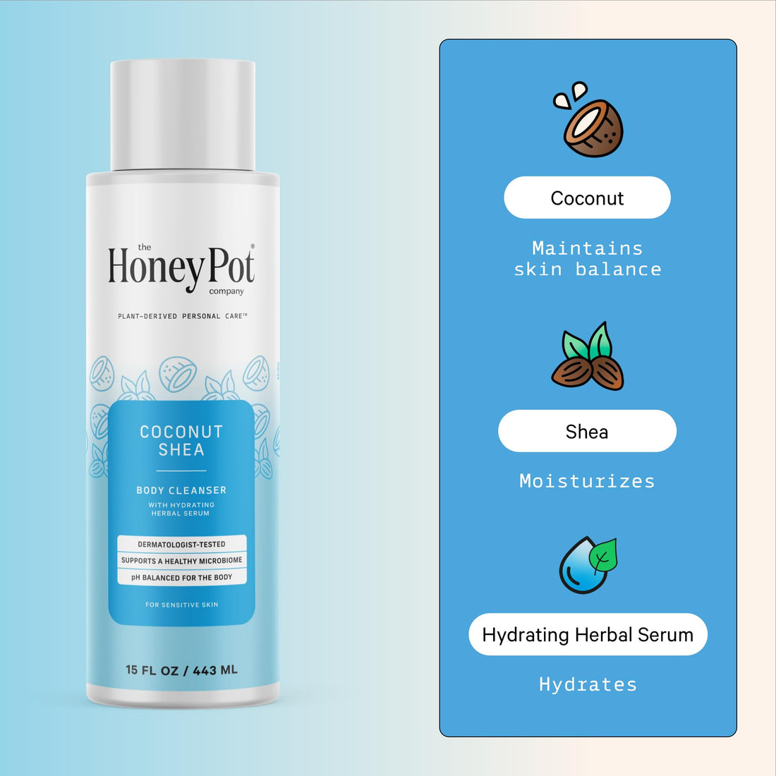 The Honey Pot Company - Body Wash for Women - Coconut Shea Hydrating Body Cleanser - Moisturize & Cleanse Skin - Free of Parabens & Sulfates - 15 Fl. Oz