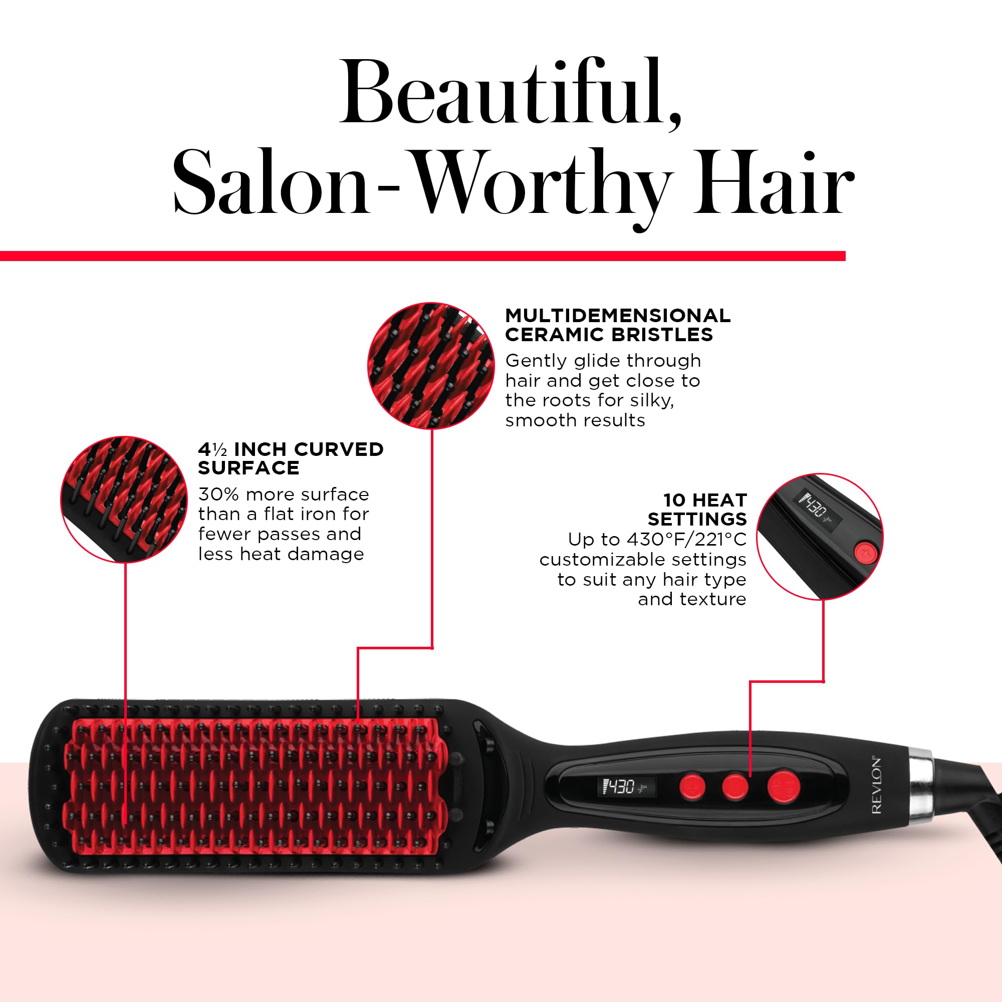 REVLON SmoothStay XL Straightening Brush - Hair Straightener Heated Hair Brush for Sleek, Long-Lasting Straight Hairstyles, Enhanced Shine and Moisture