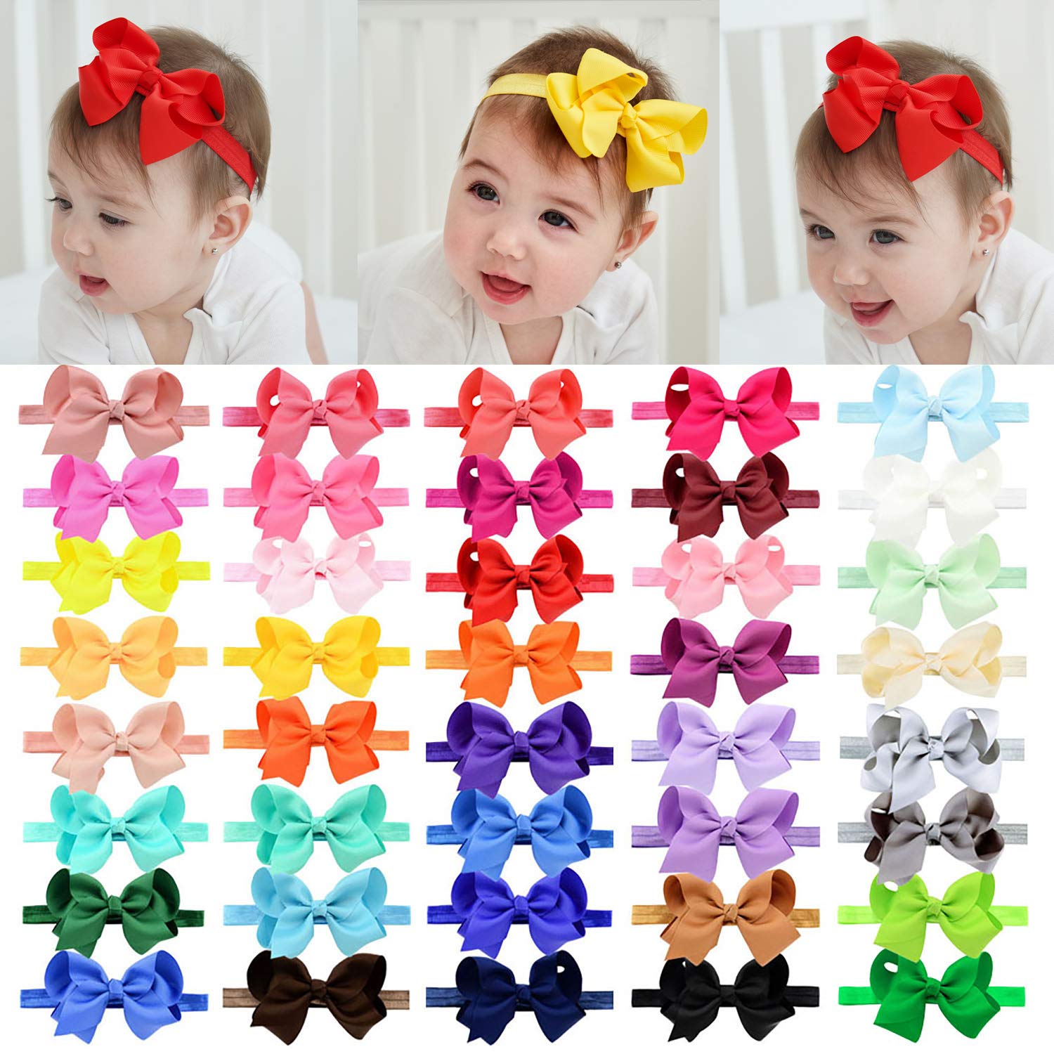 jollybows 40pcs Baby Girls Grosgrain Ribbon Hair Bows Headbands 4 Elastic Hair Band Hair Accessories for Infants Newborn- Natural Color Set