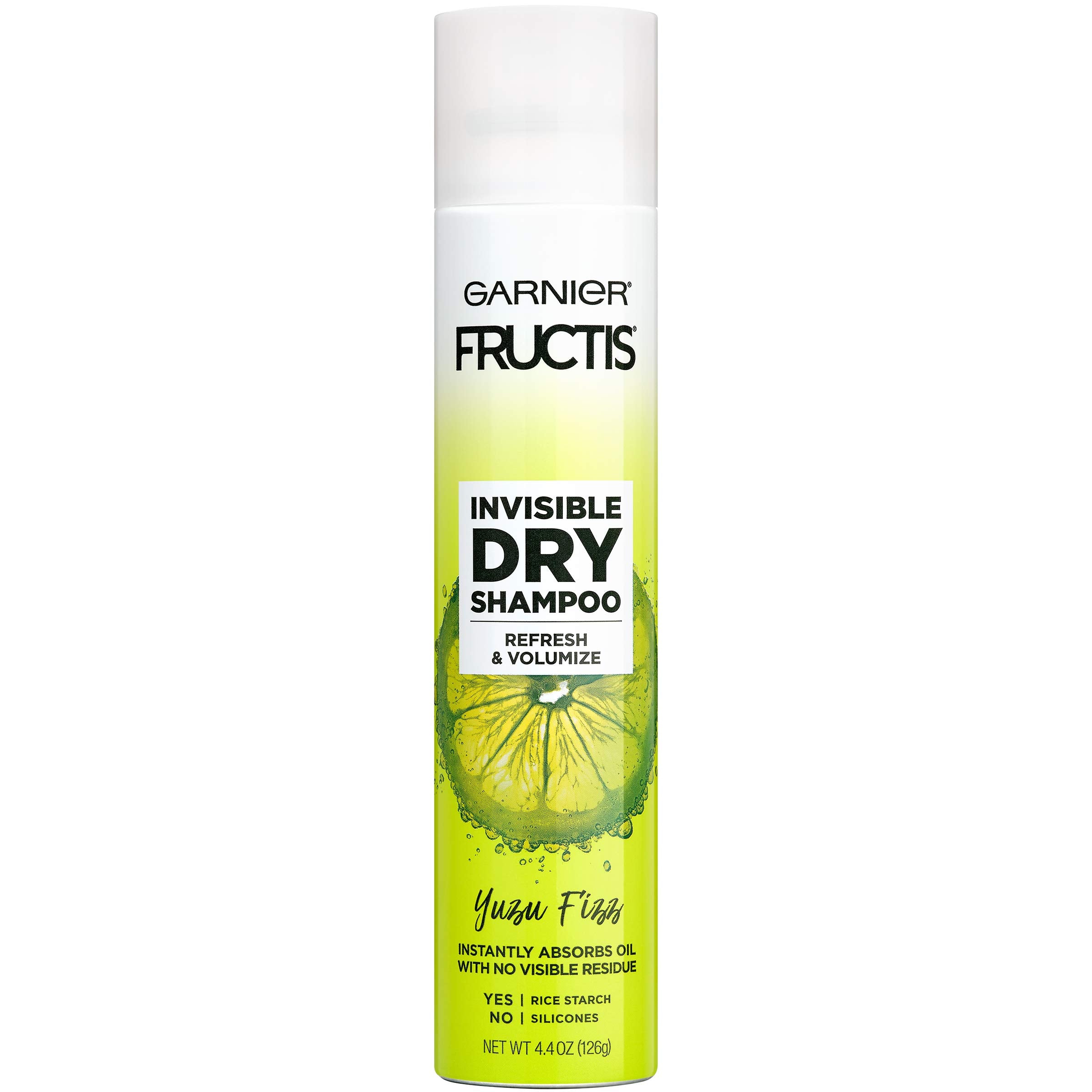 Garnier Invisible Dry Shampoo with no Visible Residue powered by Rice Starch to Instantly Absorb Oil, Refresh and Volumize, Silicone Free, Yuzu Fizz by Fructis, 4.4 oz.