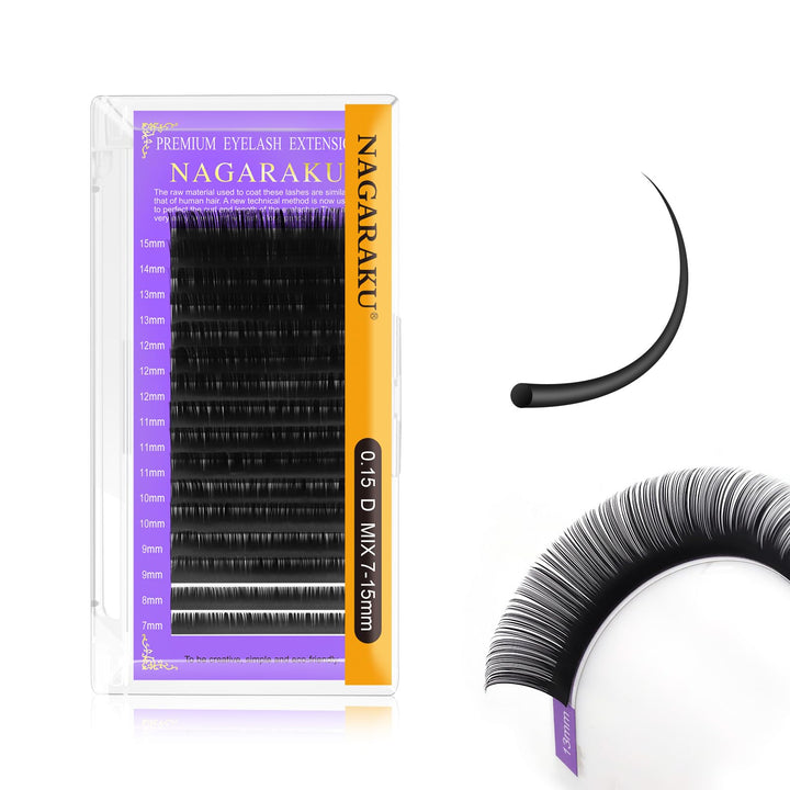 NAGARAKU Eyelash Extensions 0.15mm D curl 7-15mm Mix Tray Individual Lashes Classic Matte Black Faux Mink 16 Rows Professional Beauty Salon Supplies