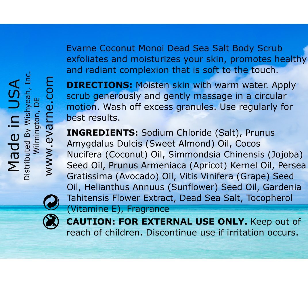 Evarne Coconut Monoi Dead Sea Salt Body Scrub with 7 Essential Oils and Vitamin E