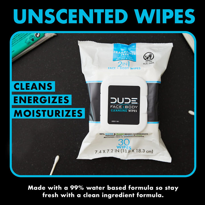 DUDE Face Wipes, Unscented for Sensitive Skin, Infused with Sea Salt & Aloe (3 Packs, 30 Wipes per Pack)