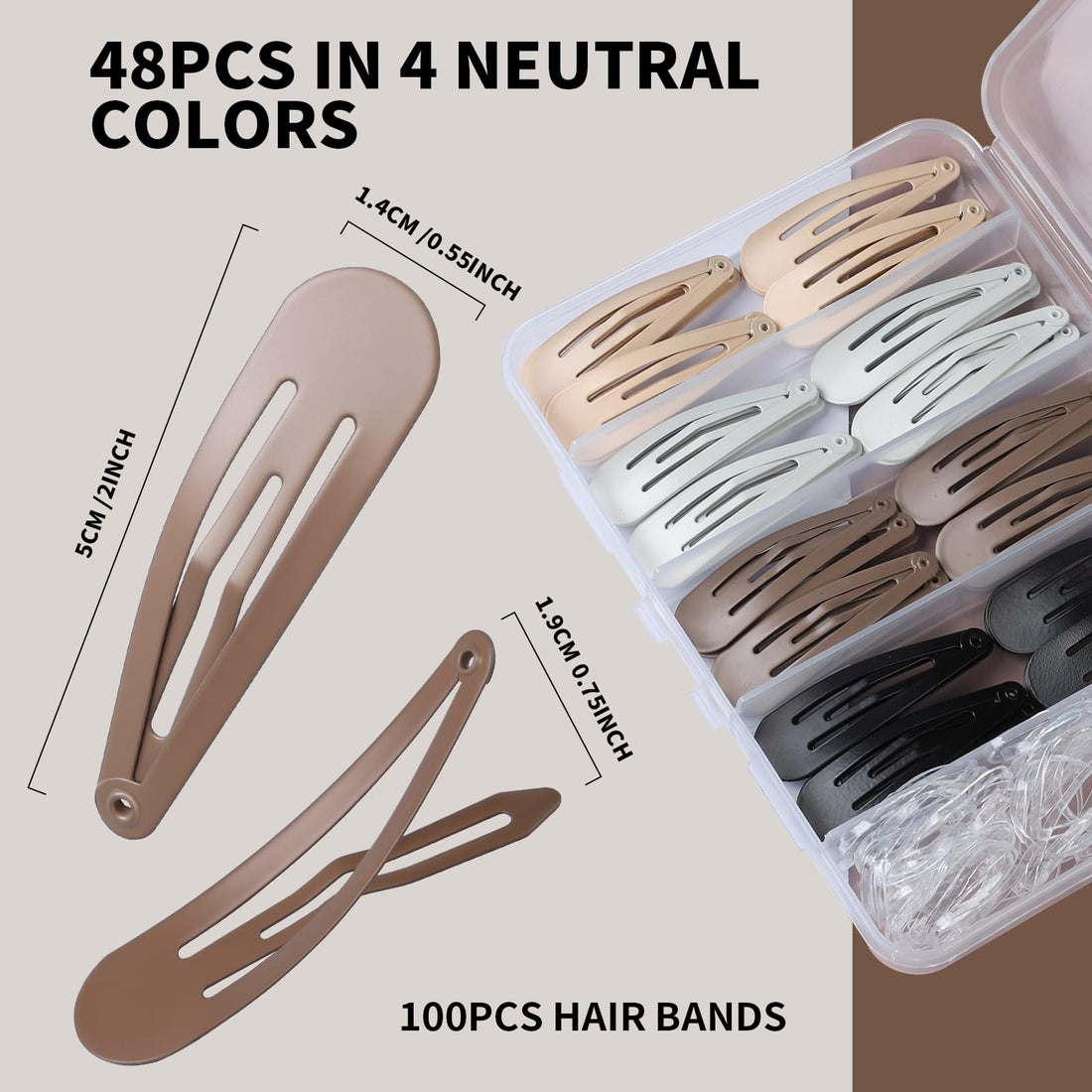 Teenitor 148pcs Snap Hair Clips, 48pcs Hair Barrettes Hair Clips 100pcs Hair Bands, Metal Hair Snap Clips for Women Girls, Barrettes for Women 4 Colors