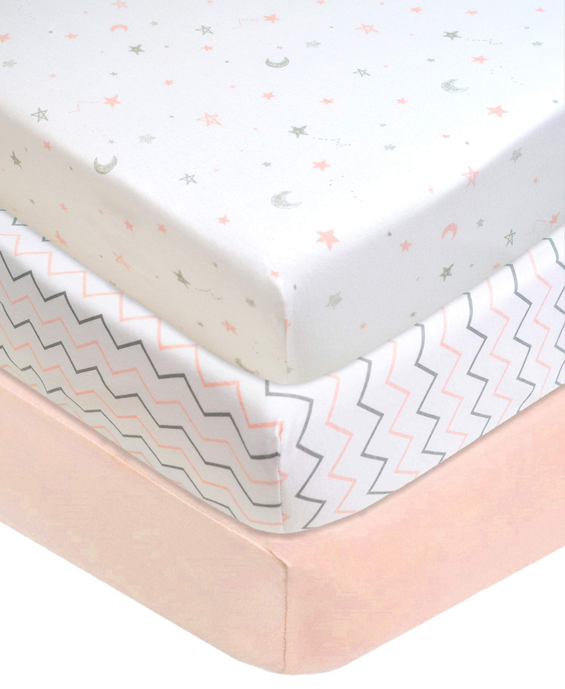 American Baby Company 3 Pack Fitted Pack N Play Playard Sheet 27 x 39, Soft Breathable Neutral 100% Cotton Jersey Pack and Play Sheet, Pink Star/Zigzag, for Boys and Girls, Fits Most Mini Crib