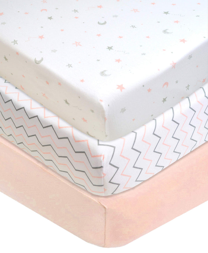 American Baby Company 3 Pack Fitted Pack N Play Playard Sheet 27 x 39, Soft Breathable Neutral 100% Cotton Jersey Pack and Play Sheet, Pink Star/Zigzag, for Boys and Girls, Fits Most Mini Crib