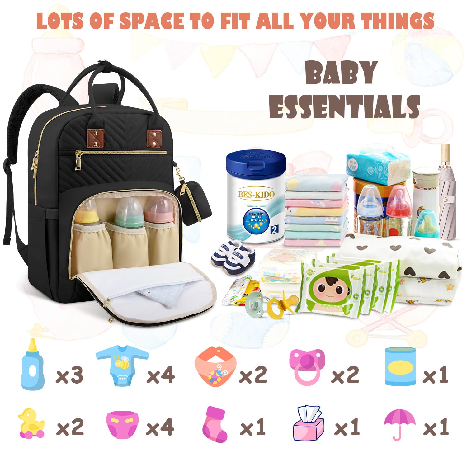 Tenot Baby Diaper Bag Backpack, Travel Diaper Bags for Baby Girl Boy Large Capacity Baby Bag Backpack for Women Black