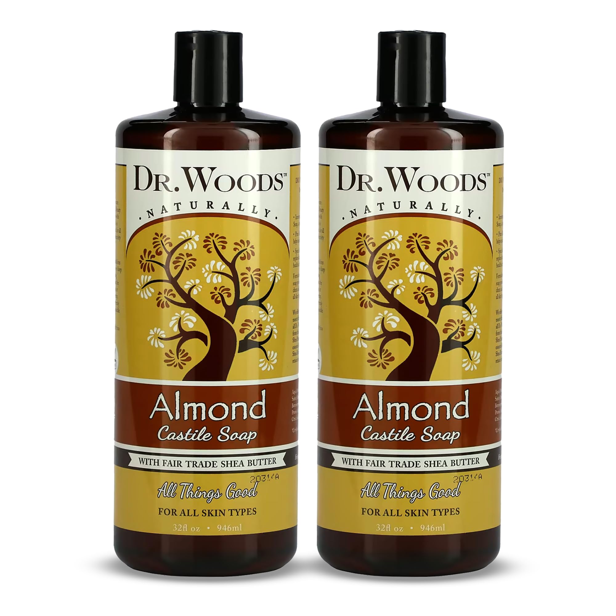 Dr. Woods Almond Liquid Castile Soap - Castile Soap with Pure Almond Oil, Body Wash for Men and Women, Organic Shea Butter, Natural Cleaner for Face, Hands, and Body - 32 Fl Oz, Pack of 2