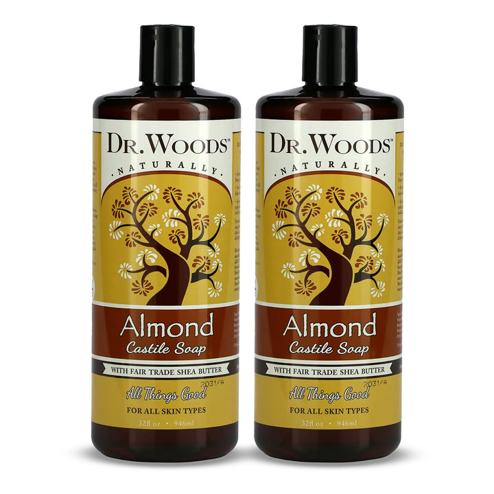 Dr. Woods Almond Liquid Castile Soap - Castile Soap with Pure Almond Oil, Body Wash for Men and Women, Organic Shea Butter, Natural Cleaner for Face, Hands, and Body - 32 Fl Oz, Pack of 2