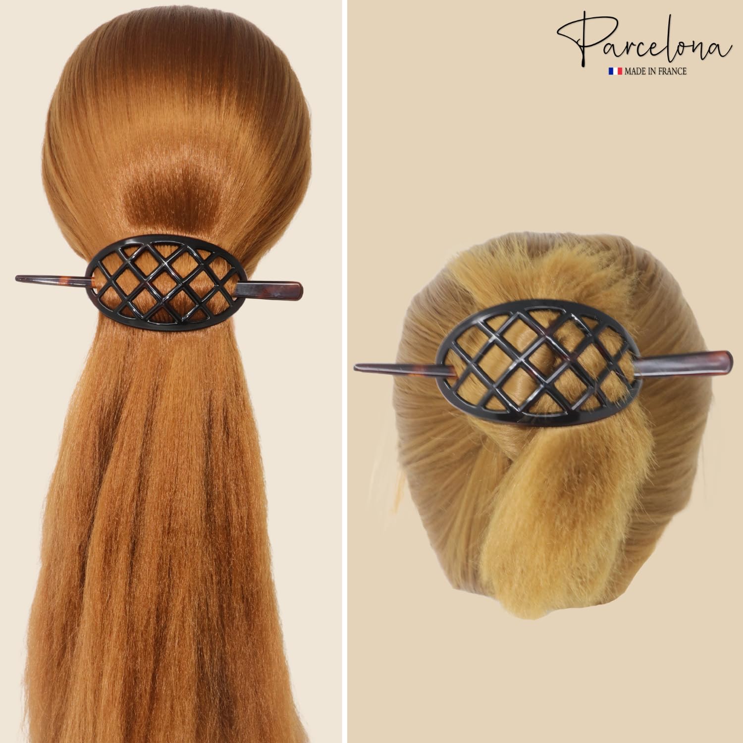 Parcelona French Criss Cross Pattern Tortoise Shell Brown Cellulose Acetate Made in France Chignon Bun Cover Ponytail Holder Hair Slider Pin Thru Updo with Stick for Women and Girls