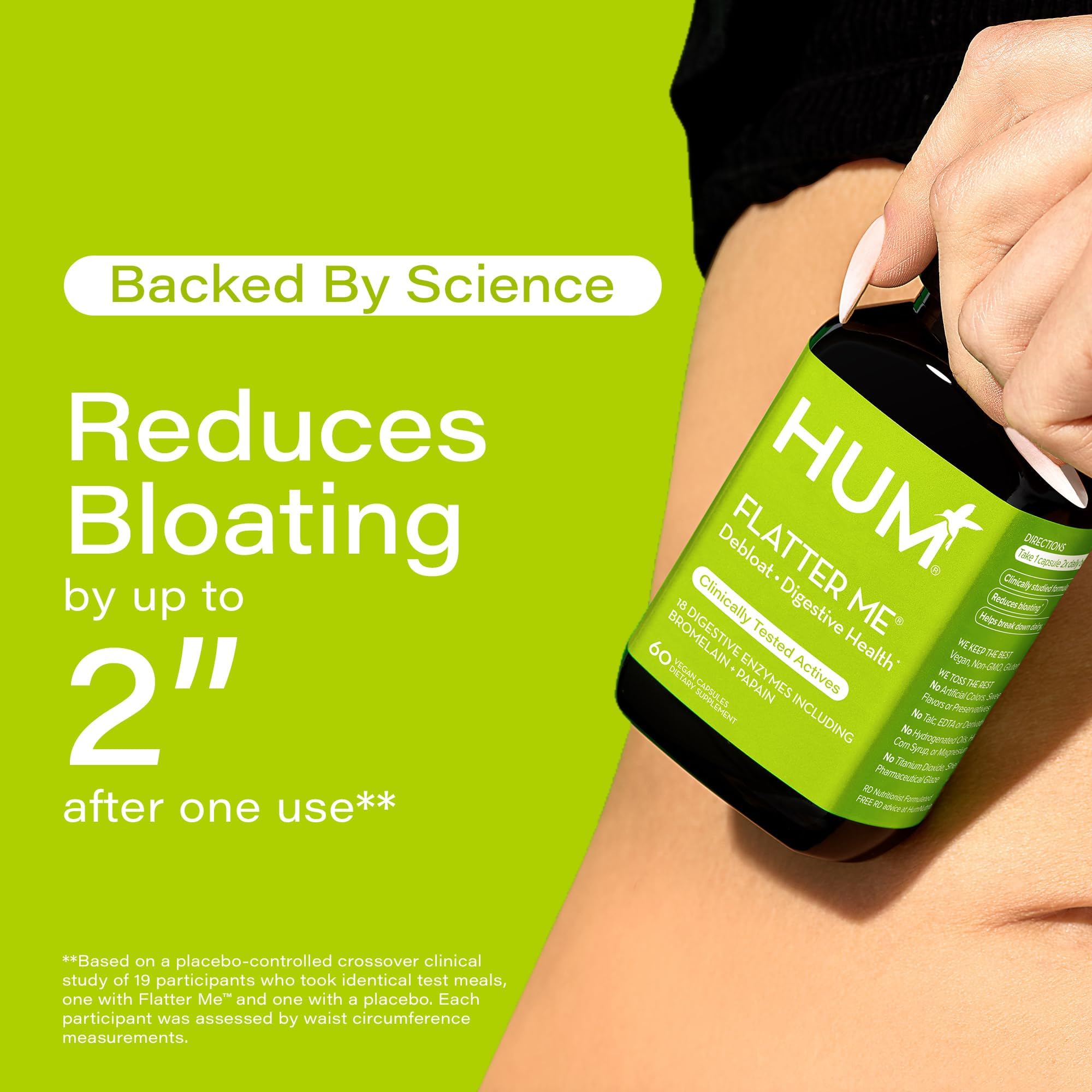 HUM Flatter Me Digestive Enzymes Bloating Supplement - Fast-Acting Bloat Relief for Digestive Health & Debloating Multi Enzyme | Bloat Pills, Anti Bloat Pills, Vegan 60 Servings