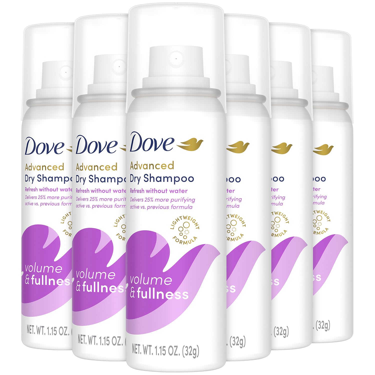 Dove Advanced Dry Shampoo, Travel-Size, Volume & Fullness, 6-Pack, Travel Essentials, 1.15 Oz Ea