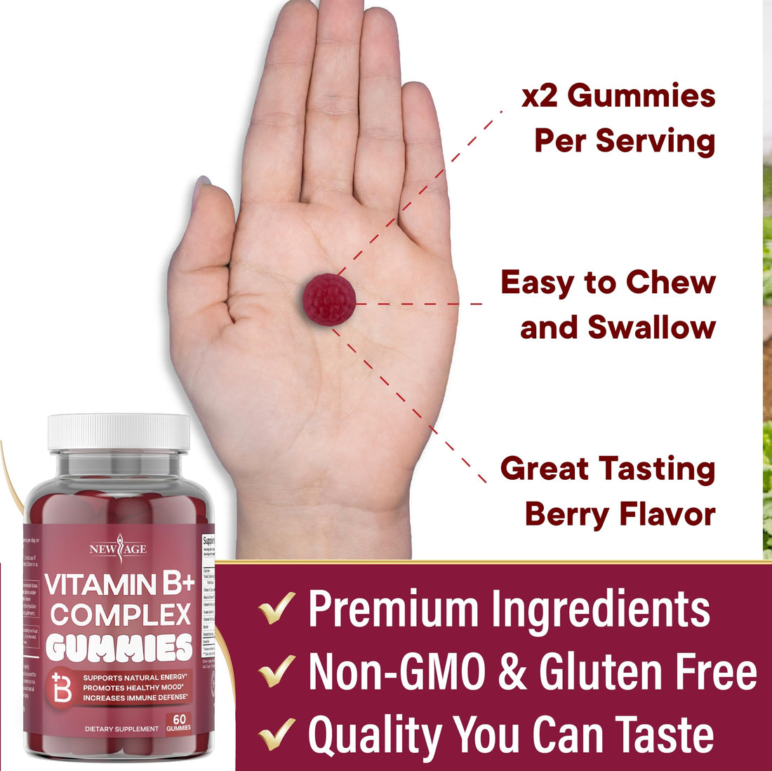 NEW AGE Vitamin B Complex Gummies with Vitamin B3, B6, & B12 – with Biotin, Folic Acid & Vitamin C – Gluten-Free, Vegan, Made in The USA! (120 Count (Pack of 2))