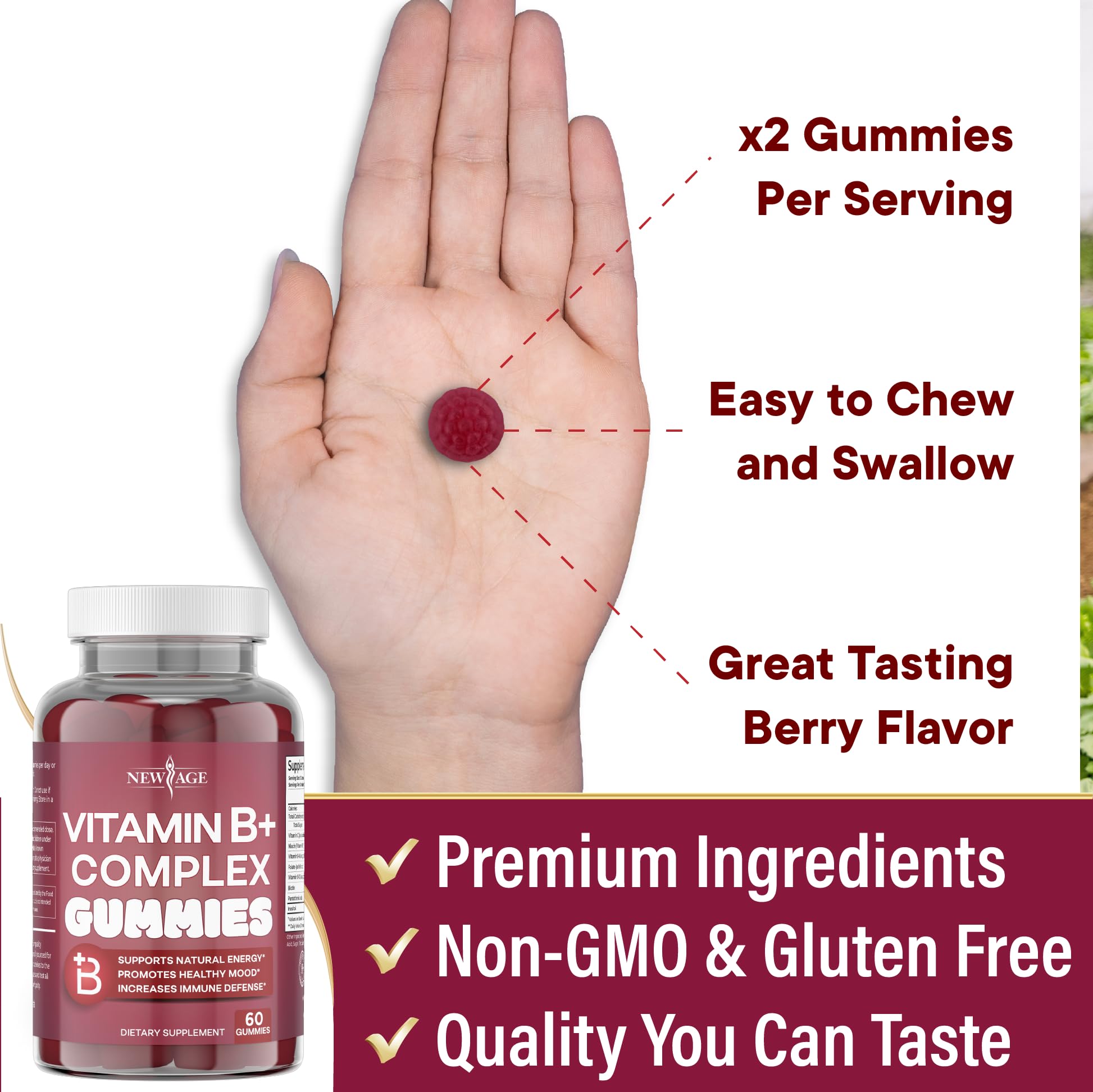 NEW AGE Vitamin B Complex Gummies with Vitamin B3, B5, B6, B7, B9 & B12 – with Biotin, Folic Acid & Vitamin C – Gluten-Free, Vegan, Made in The USA! (60 Count (Pack of 1))