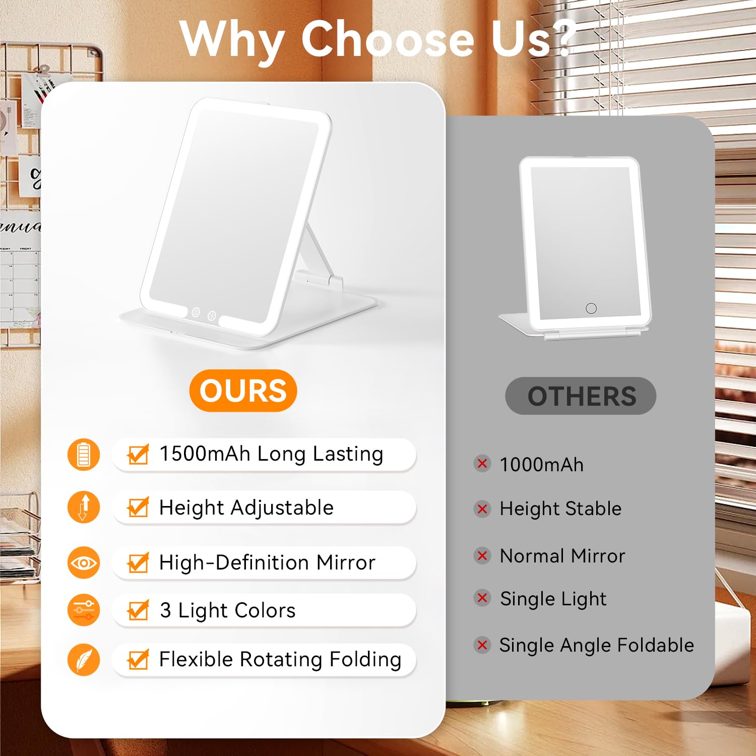 Auxmir Travel Makeup Mirror with Light, Portable Folding Lighted Travel Makeup Mirrot with 72 LEDs, Rechargeable Compact Vanity Mirror with 3 Dimmable Color Lights, Adjustable Height and Angle, White