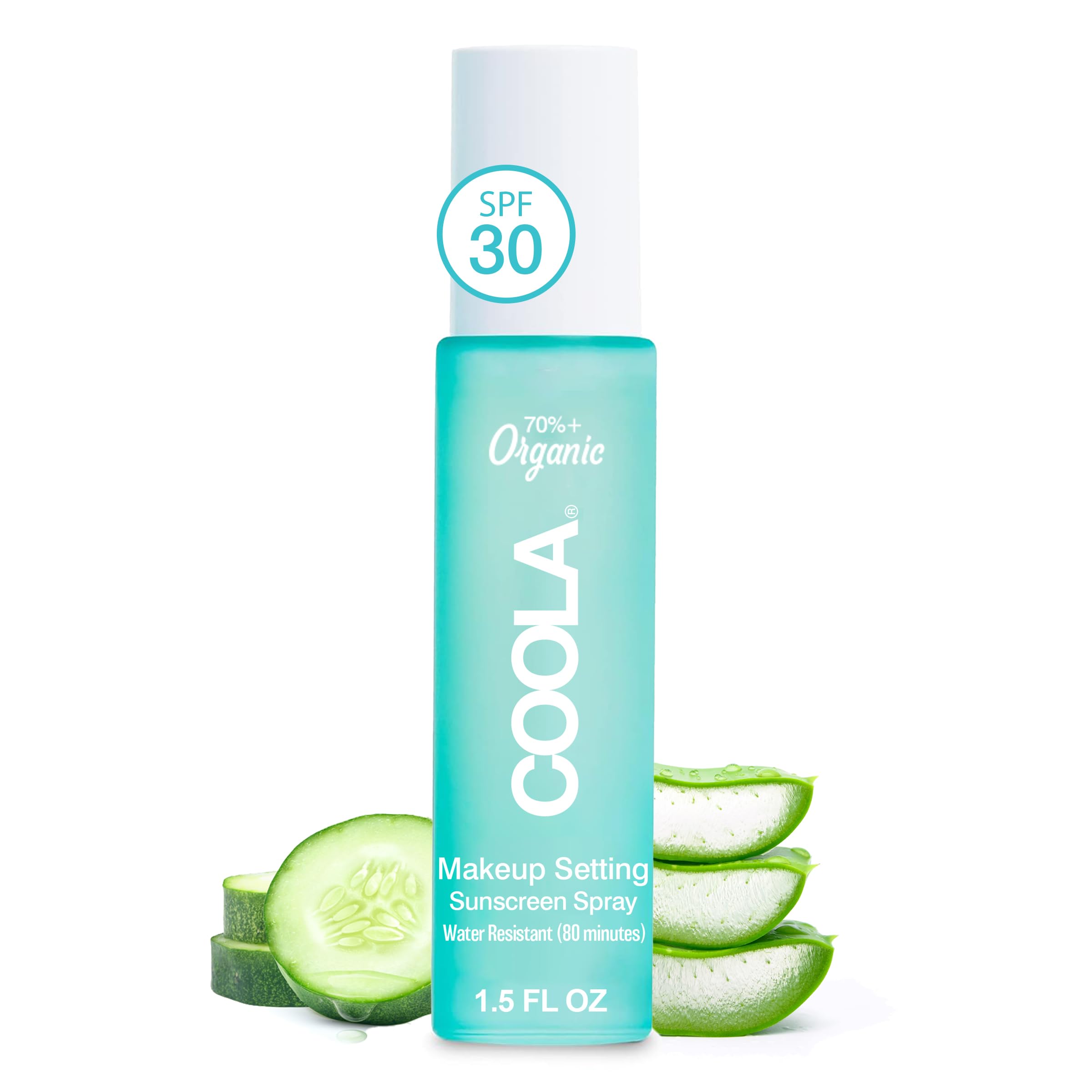 COOLA Organic Makeup Setting Spray with SPF 30, Hydrating Makeup Protection & Sunscreen made with Cucumber & Aloe Vera, Dermatologist Tested, Alcohol Free, 1.5 Fl Oz