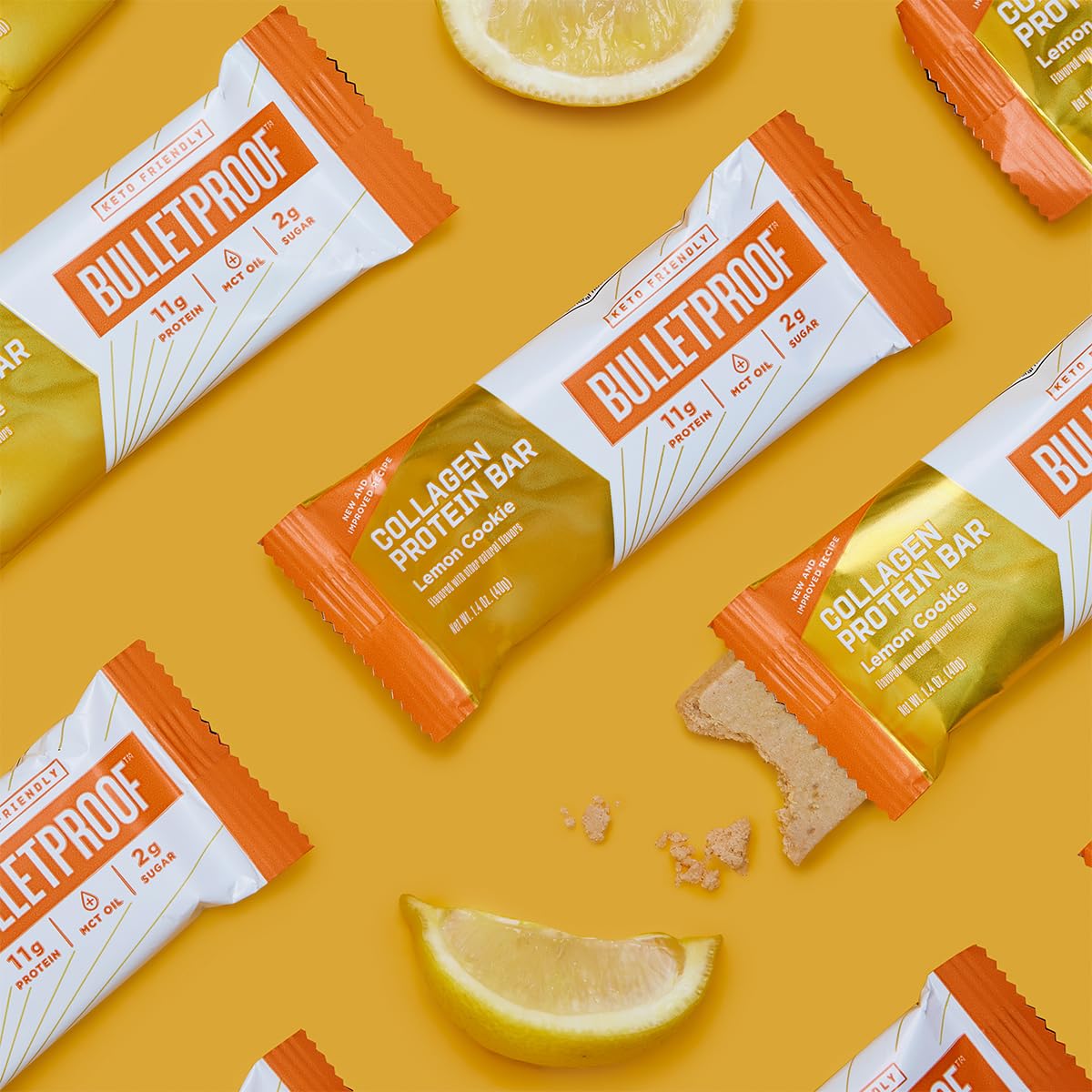 Bulletproof Lemon Cookie Collagen Protein Bars, Pack of 12, Keto-Friendly Snack with MCT Oil, Grass-fed Collagen, No Added Sugar