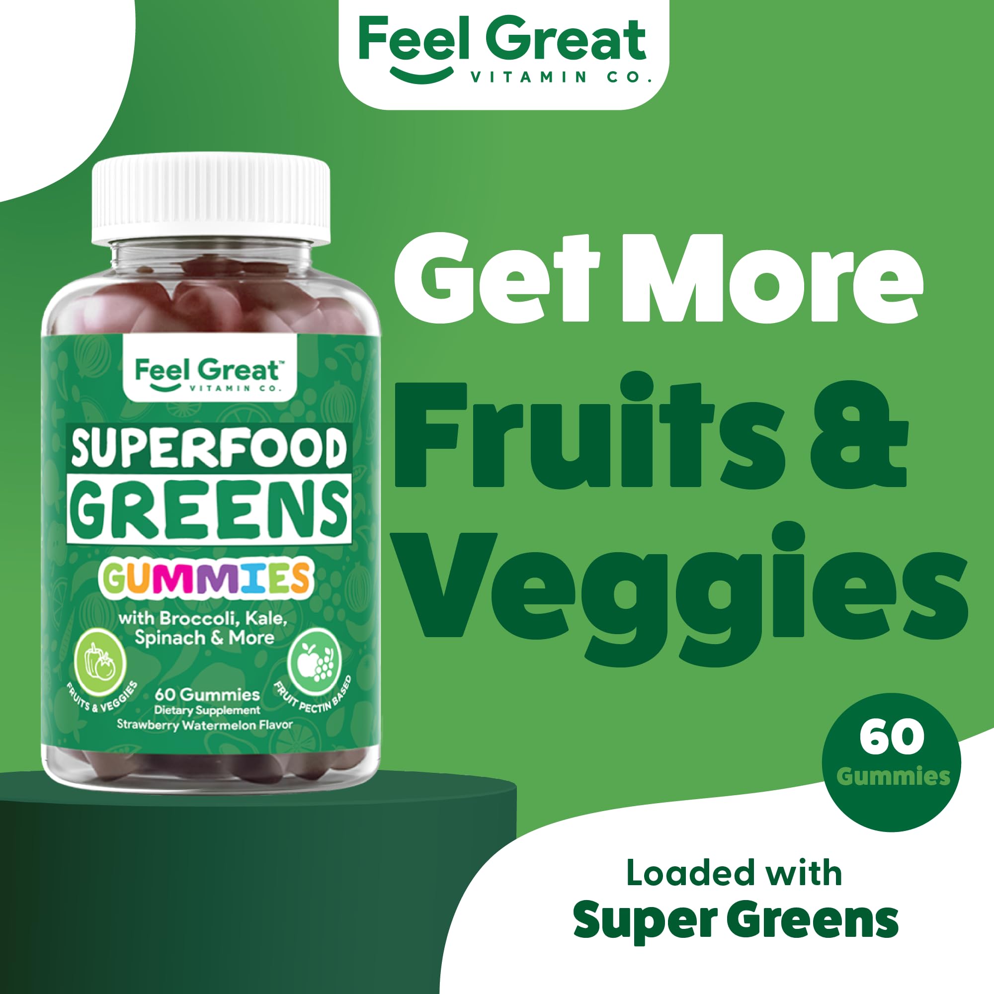Super greens Gummies - Green Superfoods Supplement with Spinach, Broccoli, Kale, Beet Root, Elderberry for Immunity Support - Fruit and Vegetable Supplement - Watermelon Flavor, 60 Gummies